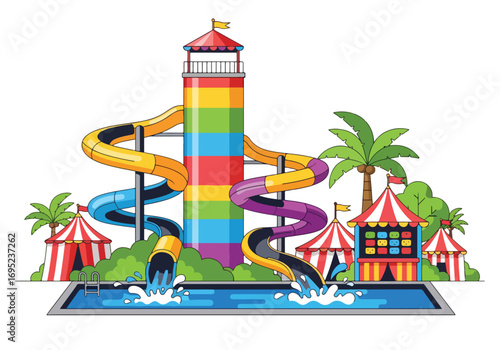 Colorful amusement park illustration featuring giant water slides, striped carnival tents, palm trees, and splash pool, perfect for summer fun, family entertainment, festival themes, and adventure