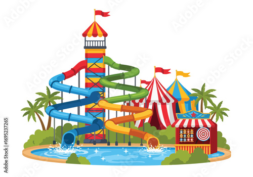 Colorful amusement park illustration featuring giant water slides, striped carnival tents, palm trees, and splash pool, perfect for summer fun, family entertainment, festival themes, and adventure