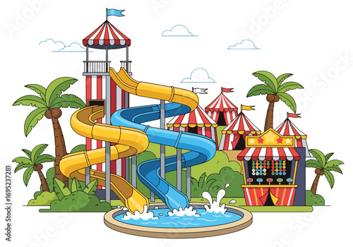 Colorful amusement park illustration featuring giant water slides, striped carnival tents, palm trees, and splash pool, perfect for summer fun, family entertainment, festival themes, and adventure