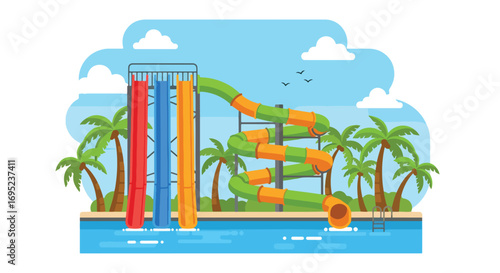 Colorful waterpark illustration featuring giant slides, pool floats, palm trees, and lounge chairs, perfect for summer fun, vacation themes, family entertainment, and tropical resort design concepts