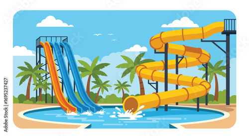 Colorful waterpark illustration featuring giant slides, pool floats, palm trees, and lounge chairs, perfect for summer fun, vacation themes, family entertainment, and tropical resort design concepts