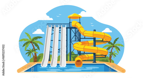 Colorful waterpark illustration featuring giant slides, pool floats, palm trees, and lounge chairs, perfect for summer fun, vacation themes, family entertainment, and tropical resort design concepts
