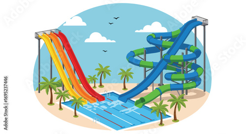 Colorful waterpark illustration featuring giant slides, pool floats, palm trees, and lounge chairs, perfect for summer fun, vacation themes, family entertainment, and tropical resort design concepts