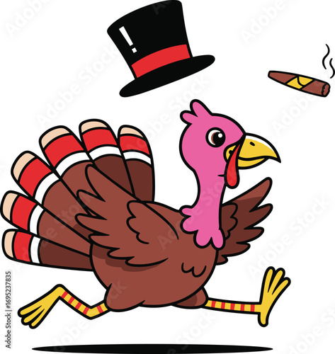 Funny cartoon turkey running, Thanksgiving escape, top hat flying, cigar airborne, humorous poultry illustration, holiday panic, festive animal character, vector art