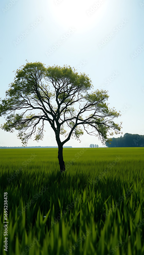 Obraz premium Single Tree in a Verdant Marsh Landscape Under a Sunny Sky vertical
