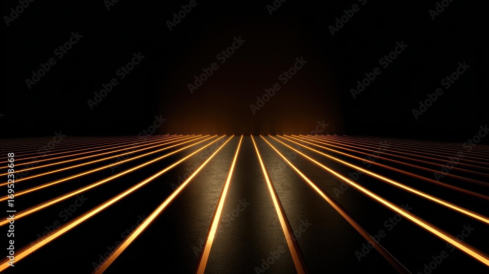 Fototapeta premium Golden Light Stripes Extending Distance Dark Background Depth Sense Minimalist Light Art