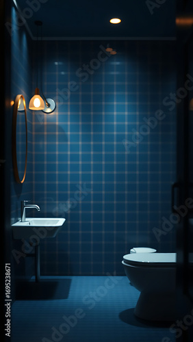 Poster frame blank mockup in cozy dark blue bathroom interior background vertical
