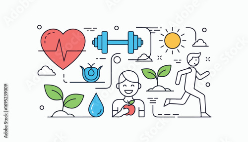 A flat vector illustration depicting a healthy lifestyle with elements like exercise, healthy eating, hydration, sunshine, and a healthy heart.