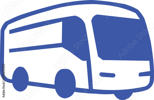 A stylized, hand-drawn illustration of a white bus with blue accents and windows, depicted from a side-front perspective.