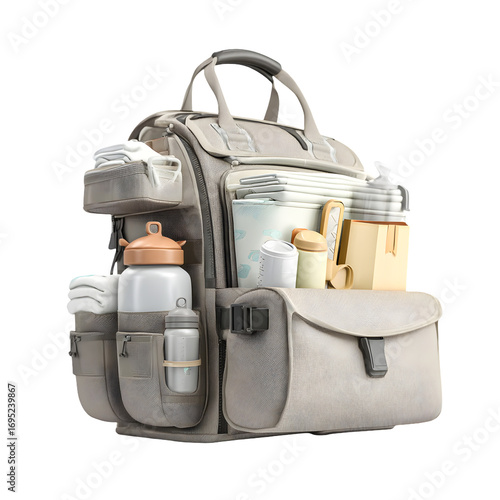 Stylish and functional baby diaper backpack with multiple compartments for organization isolated on transparent background
