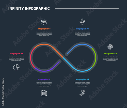 infinity loop concept infographic process diagram with balance equal shape circulation with dark background bright outline style and 6 points