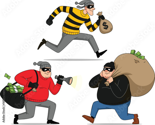 Cartoon Burglars Running with Money Bags, Funny Thief Characters, Crime Scene Illustration, Robbery Concept, Playful Vector Art, Comic Style Design