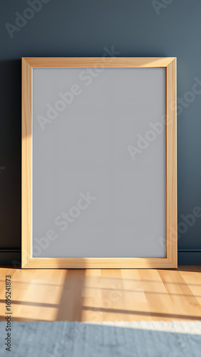 Interior poster blank mock up with vertical empty wooden frame Scandinavian style