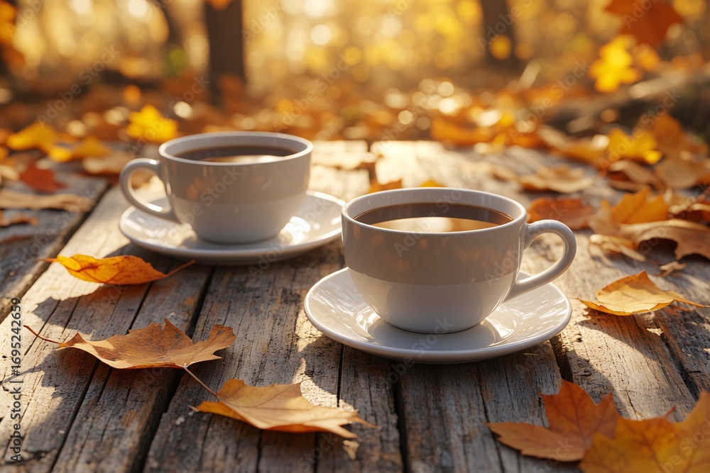 Fototapeta premium Two Hot Cups on a Rustic Wooden Table with Autumn Leaves