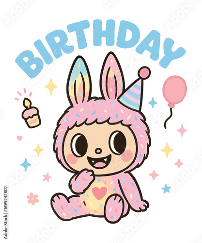 Joyful Birthday Celebration: A charming cartoon creature celebrates a birthday with a festive cupcake, balloon, and cheerful stars and a party hat