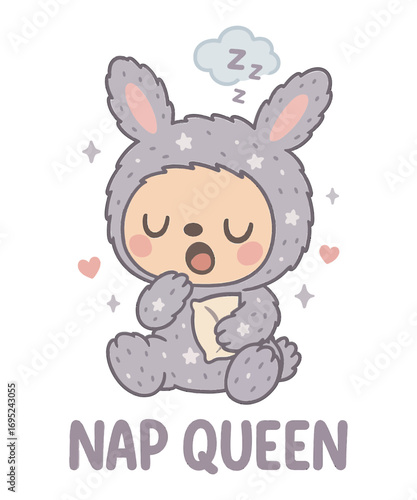 Sleepy Character Naptime: An adorable illustrated character, clad in a bunny costume, drifts into a peaceful slumber, the very embodiment of sweet dreams and cozy comfort.