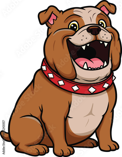 Cartoon bulldog character, joyful dog pose, red collar design, smiling expression, kids illustration, vector art, playful pet, cute animal drawing