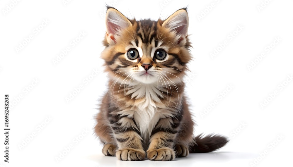 Fototapeta premium Adorable Brown Tabby Kitten Sitting on White Background with Soft Focus