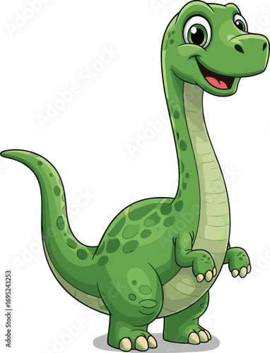 Cartoon dinosaur character, green dino illustration, smiling prehistoric animal, vector kids content, friendly reptile design, educational creature, upright pose, cute expression