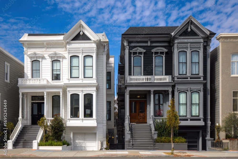 Fototapeta premium Unique architectural contrast between a white Victorian house and a black Victorian house in an urban neighborhood under a clear blue sky