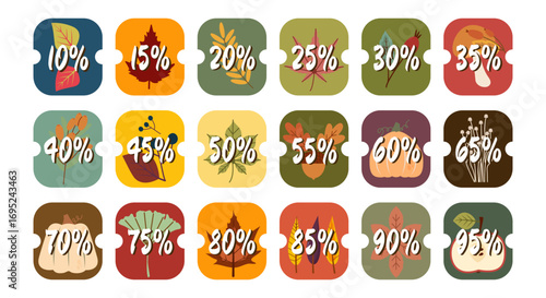 Colorful autumn coupon pieces set with percentages from 10% to 95%, featuring vibrant fall leaves, pumpkins, acorns, and harvest illustrations.  discounts, and seasonal promotions