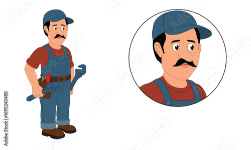Cartoon Plumber Worker Vector Character with Tools in Hand