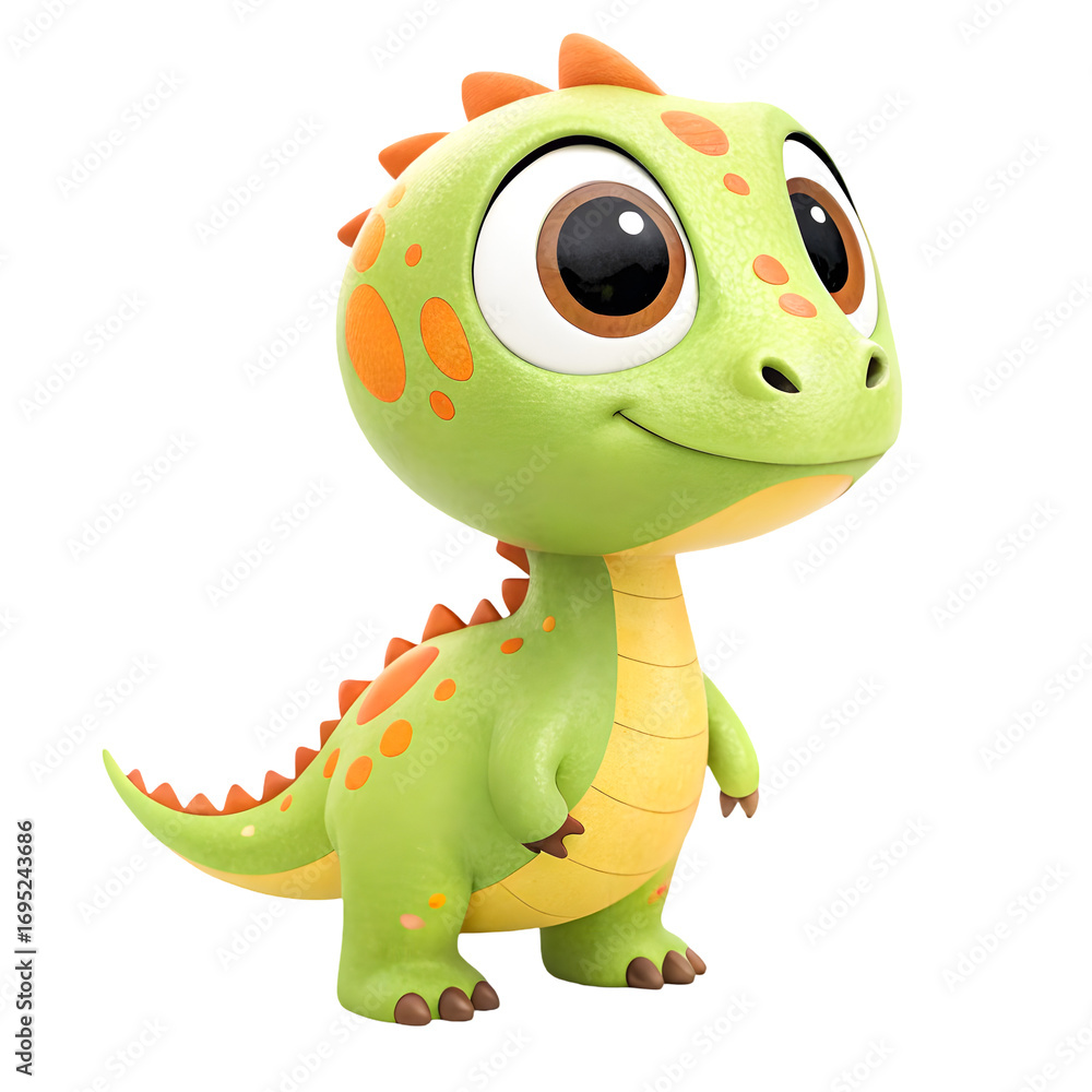 Fototapeta premium Cute cartoon baby dinosaur character with big eyes and orange spots isolated on transparent background