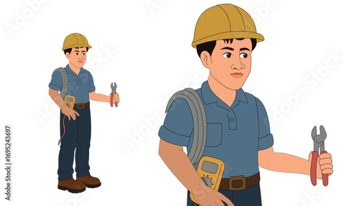 Cartoon Electrician Worker Vector Character with Tools and Helmet