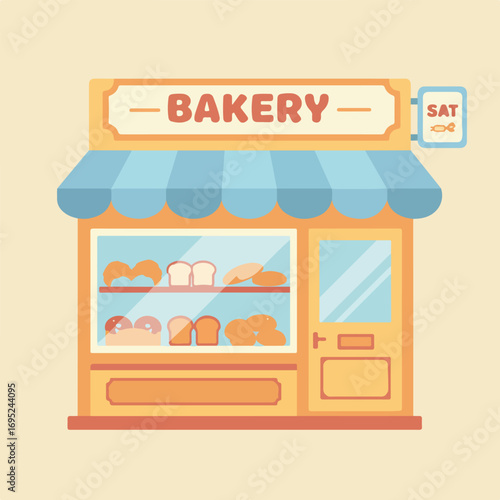 Illustrated bakery storefront with breads and a saturday sign suitable for bakery websites, social media posts, and foodrelated designs.
