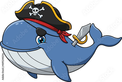 Cartoon pirate whale, blue sea animal, funny ocean character, kids illustration, marine adventure, vector clipart, eye patch, hook