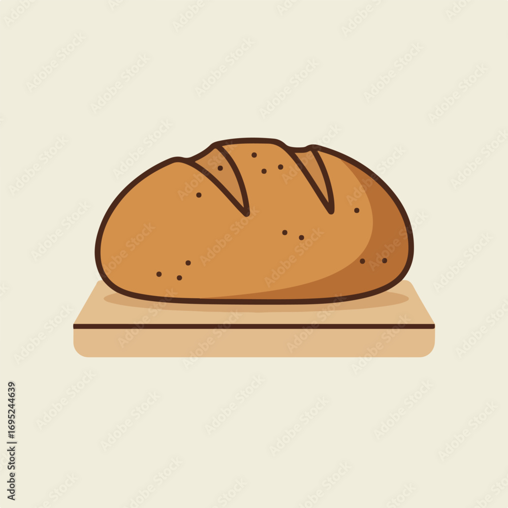 Freshly baked loaf of bread on wooden cutting board. Suitable for bakery or food product concepts in design projects.