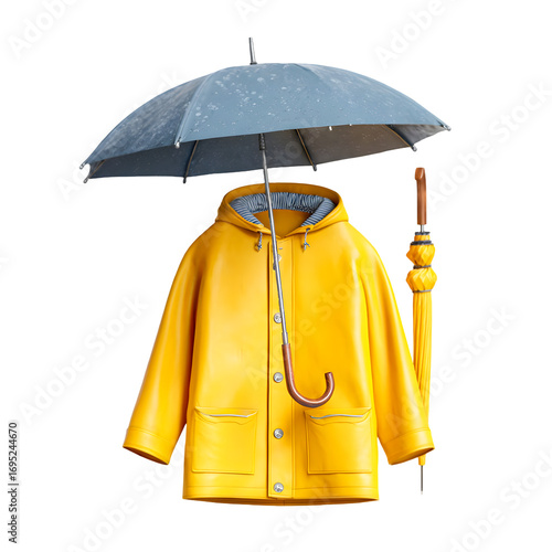 Bright yellow raincoat and umbrella displayed together for protection against the elements isolated on transparent background