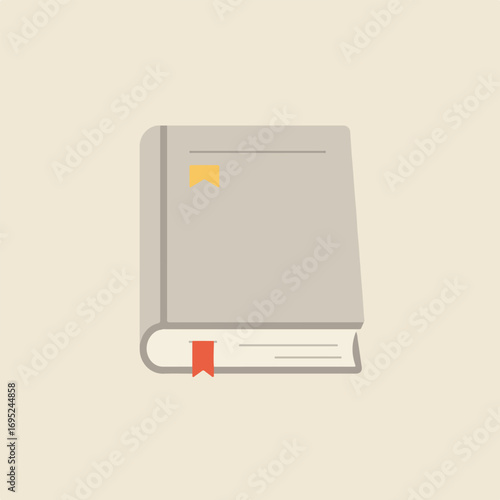 Closed grey book with a red bookmark inside it. Suitable for education, reading, literature, bookmarks, school, library, studying concepts.