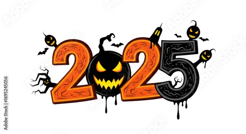 Spooky Halloween 2025 Design with Jack-o'-Lanterns, Bats, and Creepy Elements. isolated on transparent background. PNG Isolated Transparent