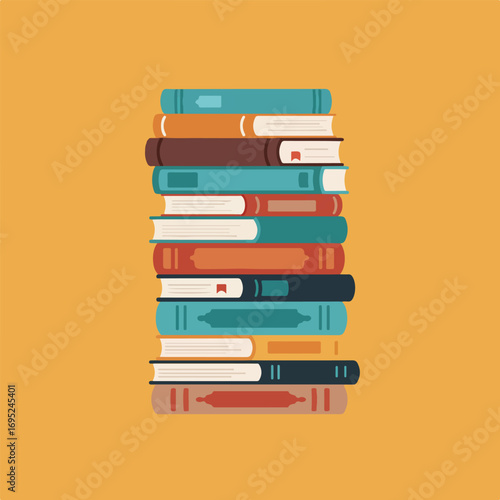 Stack of books against a yellow background. Great for educational concepts, book lovers, reading promotion, and schoolthemed designs.