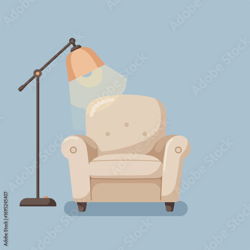 Comfortable armchair under a gentle lamp creating a warm, inviting ambiance. Ideal for interior design concepts, home decor, and cozy atmosphere illustrations.