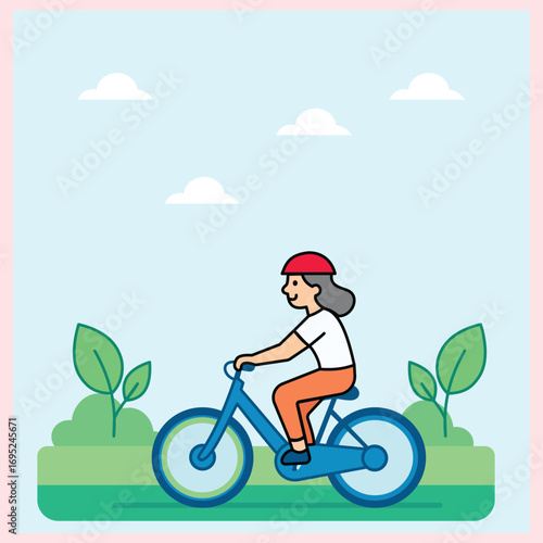 Illustration of a woman cycling with a red helmet in a green and modern urban area, giving the impression of being healthy, active and environmentally friendly.