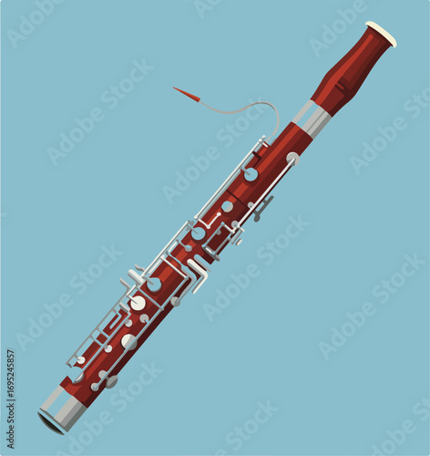 Reddish brown bassoon with silver keys against light blue background, perfect for musicthemed designs, orchestra promotions, or classical music ads.