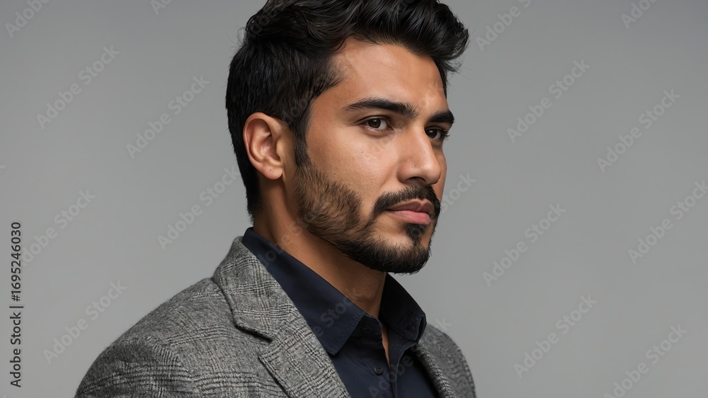 Fototapeta premium Handsome Hispanic man in plain gray background, side view looking on the right