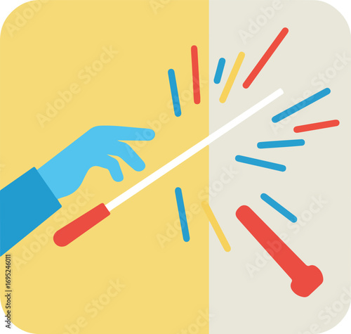 Gloved hand shattering a colorful baton against a tan backdrop. Suitable for music or performancethemed designs. 
