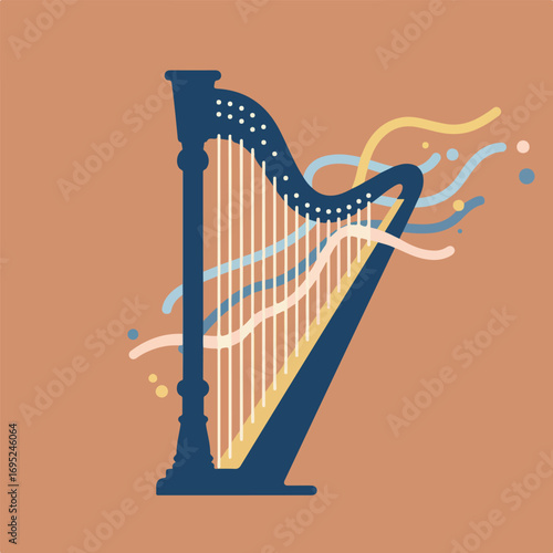 Harp music concept with vibrant sound waves on orange backdrop, ideal for music promotions, album covers, and musicthemed designs.