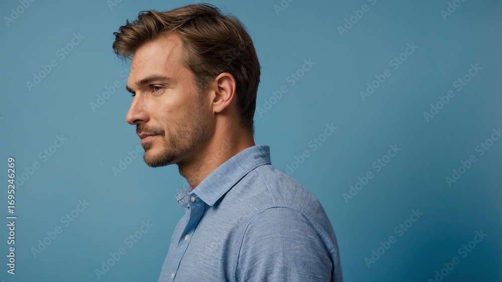 Obraz premium Handsome Caucasian man in plain blue background, side view looking on the right