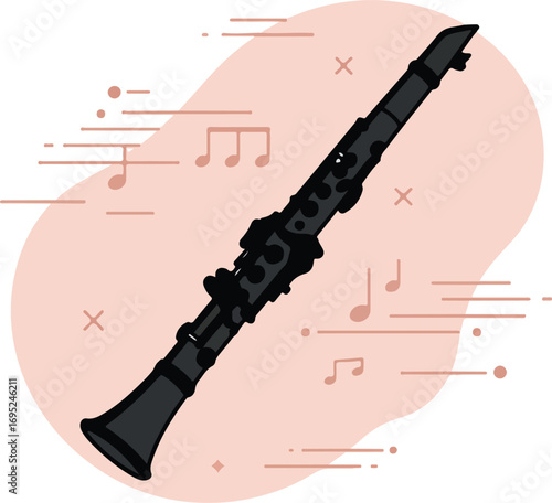 Black clarinet with musical notes against peach background, suitable for music education materials, concert promotions, and instrument showcase designs.