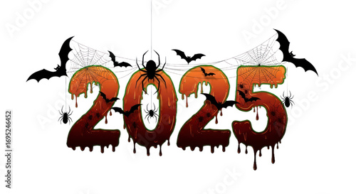 Halloween 2025 Spooky Text Design with Dripping Liquid, Spiders, Bats, and Spiderwebs for Holiday Celebrations and Graphic Art. isolated on transparent background. PNG Transparent Background