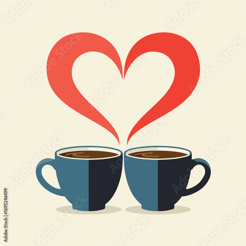 Two cups of coffee creating a heart shaped steam on beige, perfect for coffee shop promotions, valentines day designs, love themes.