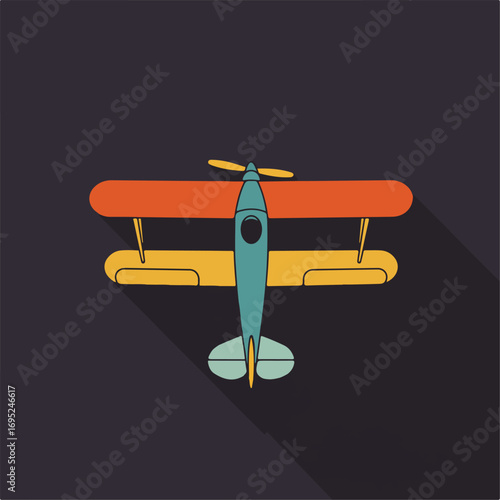Flat illustration of a retro biplane against a dark background. Suitable for aviationthemed designs, posters, and vintage content.