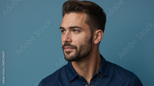 Handsome American man in plain blue background, side view looking on the right