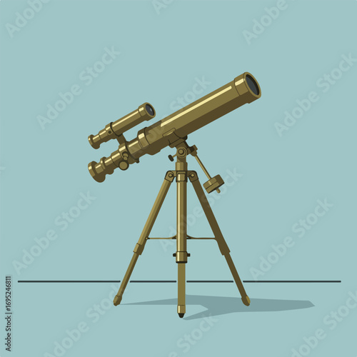 Brass telescope on tripod, blue background. Perfect for astronomy, exploration, adventure, or nautical themes in designs, presentations, or websites.