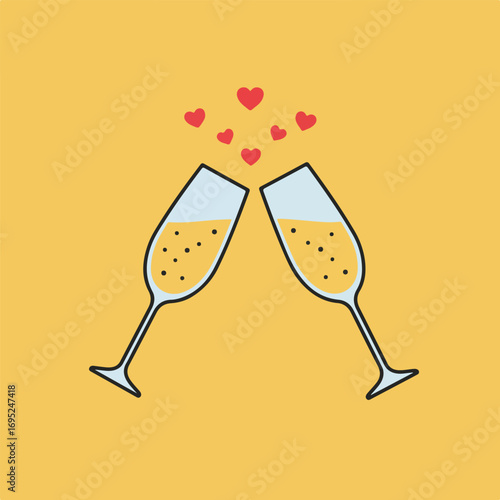 Two champagne glasses clink joyfully with hearts above against a golden background. Suitable for celebrationthemed designs and romantic concepts.