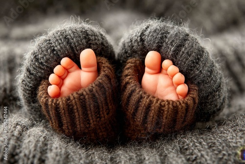 Sweet newborn feet cozy in knitted booties on a soft blanket, capturing the joy of new beginnings in a peaceful setting